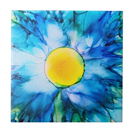 Carreau Fleur bleue dans les encres d'alcool (Devant)