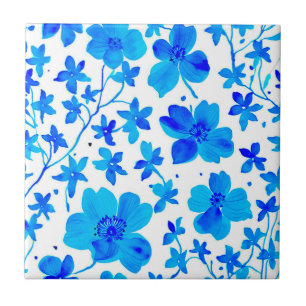 Carreau Fleur botanique en bleu foncé et blanc