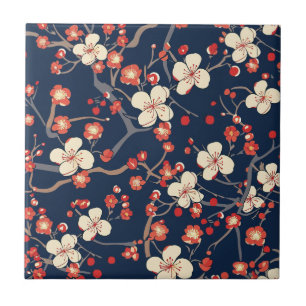 Carreau Fleur de Cerisier Rouge Marine Floral Japonais