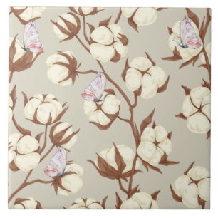 Carreau Fleur de coton Pastel et papillons Botanique