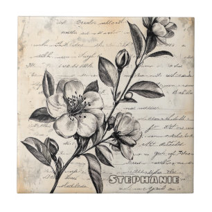 Carreau Fleur de croquis boho marron parchemin vintage
