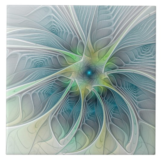 Carreau Fleur de fantaisie moderne bleue verte fractale (Devant)