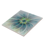 Carreau Fleur de fantaisie moderne bleue verte fractale (Côté)