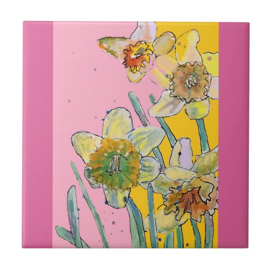 Carreau Fleur de jonquille à l'aquarelle Floral Rose Jaune (Devant)