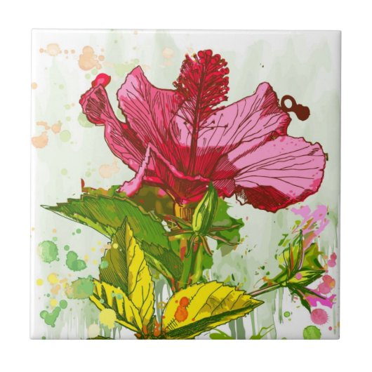 Carreau Fleur de ketmie - peinture d'aquarelle (Devant)
