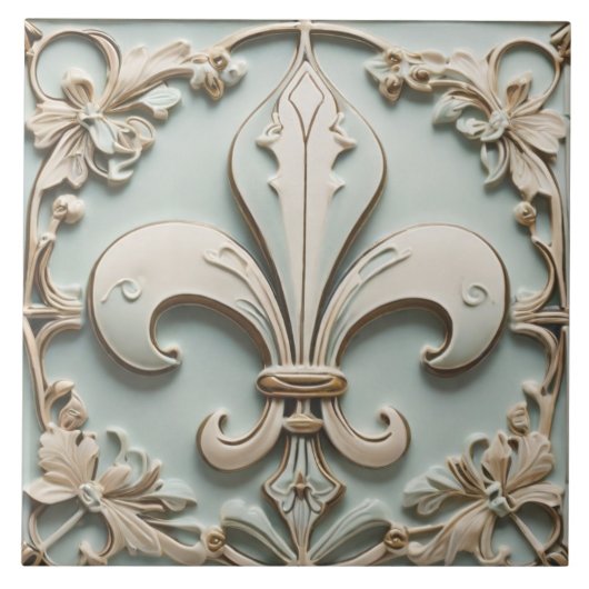 Carreau Fleur de Lis Antique Pastel Lumière Mint Faux Reli (Devant)