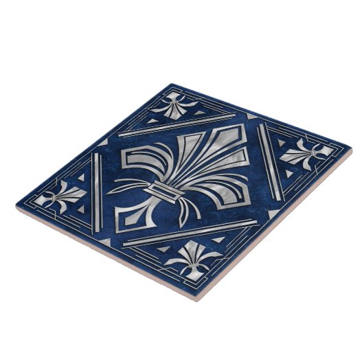 Carreau Fleur de lis Art déco - marbre bleu et perle (Côté)
