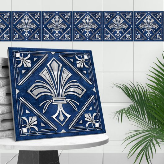 Carreau Fleur de lis Art déco - marbre bleu et perle