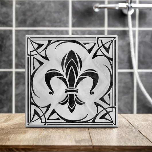 Carreau Fleur-De-Lis - Art Nouveau -Marbre noir et perle