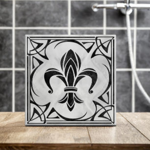 Carreau Fleur-De-Lis - Art Nouveau -Marbre noir et perle