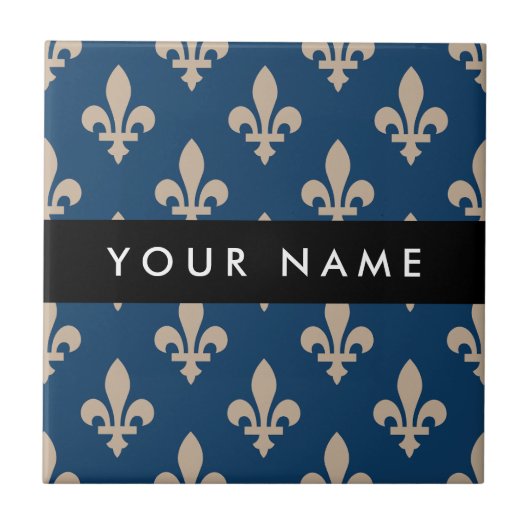 Carreau Fleur de Lis, Beige on Navy Blue, Royal, Your Name (Devant)
