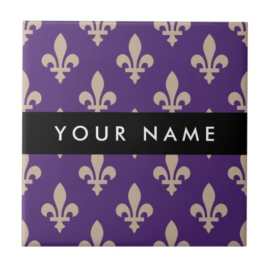 Carreau Fleur de Lis, Beige on Purple, Royal, Your Name (Devant)