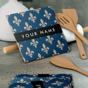 Carreau Fleur de Lis, Beige sur Bleu Nuit, Royal, Votre No