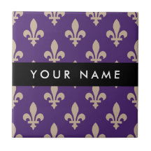 Fleur de Lis, Beige sur Violet, Royal, Votre Nom