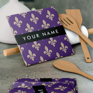 Carreau Fleur de Lis, Beige sur Violet, Royal, Votre Nom