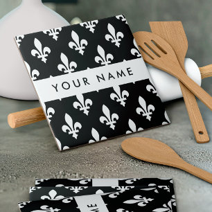 Carreau Fleur de Lis, Blanc sur Noir, Blanc, Votre Nom