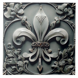 Carreau Fleur de Lis Charcoal Grey Dark Grey Faux Relief