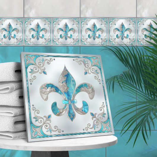 Carreau Fleur de lis de luxe -Aquamarine et Pearl