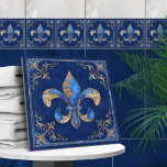 Carreau Fleur de lis de luxe - marbre bleu et or<br><div class="desc">Fleur de lis de luxe - marbre bleu et or</div>