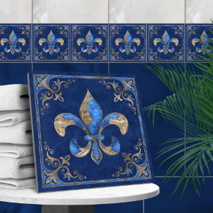 Carreau Fleur de lis de luxe - marbre bleu et or