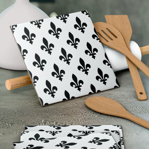 Carreau Fleur de Lis Motif, Royal French, Noir sur Blanc