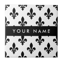 Fleur de Lis, Noir sur Blanc, Noir, Votre Nom