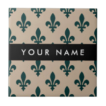 Fleur de Lis, Vert sur Beige, Royal, Votre Nom