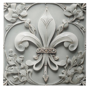 Carreau Fleur de Lis Vintage Antique Grey Faux Relief