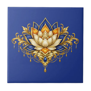 Carreau Fleur de lotus bleu cobalt or floral indien mural