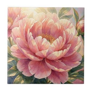 Carreau Fleur de pivoine rose vintage aquarelle botanique
