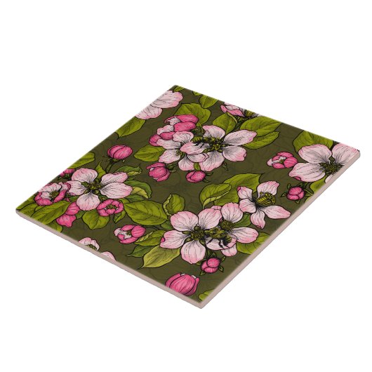 Carreau Fleur de pomme sur vert foncé (Côté)