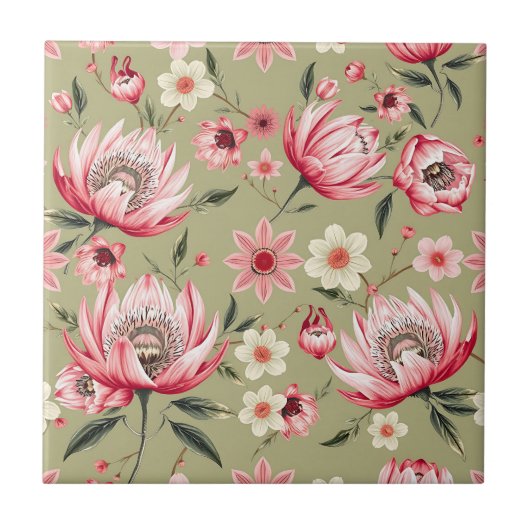 Carreau Fleur de Protea Exotique Botanique Vert Sauge Luxe (Devant)