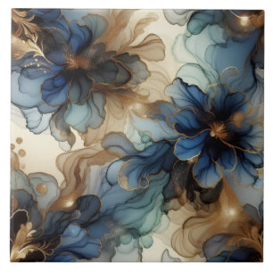 Carreau Fleur d'encre alcoolique bleue royale et or