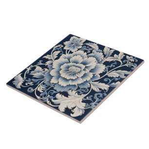 Carreau Fleur d'encre bleue de Chine traditionnelle Art 15