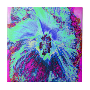 Carreau Fleur d'Hibiscus Psychedelique Rétro Verte et Bleu