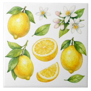 Carreau Fleur, feuilles et fruit de citron à l'aquarelle