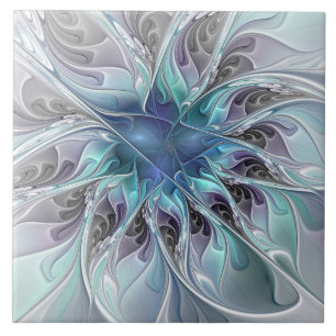 Carreau Fleur fractale moderne abstraite avec du bleu