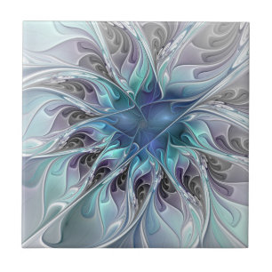Carreau Fleur fractale moderne abstraite avec du bleu