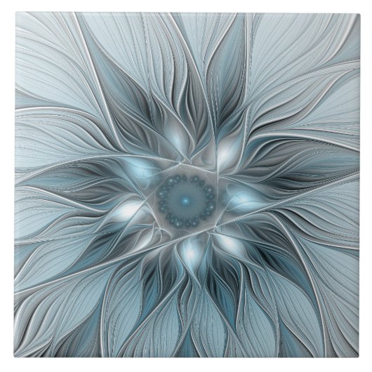 Carreau Fleur Joyeuse Abstrait gris bleu floral Fractal (Devant)