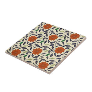 Carreau Fleur orange chinoise ~ Feuilles bleus et verts ~ 