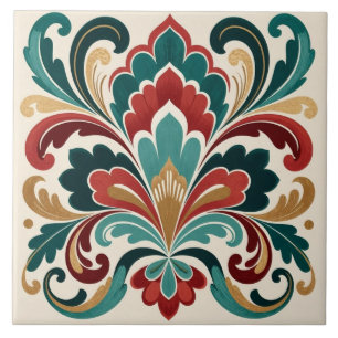 Carreau Fleur Ornementale Élégante Sarcelle-Rouge