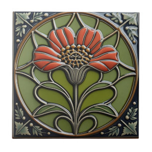 Carreau Fleur rouge milieu du siècle symétrie arts et arti