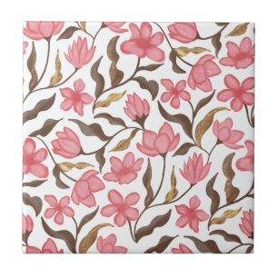 Carreau Fleur sauvage aquarelle or brun rose