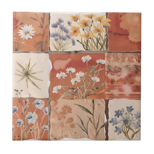 Carreau Fleur sauvage en terre cuite Patchwork Rustique Bo (Devant)