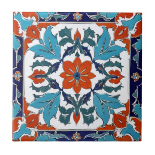Carreau Fleur turque Iznik Orange Rouge Bleu Blanc Floral