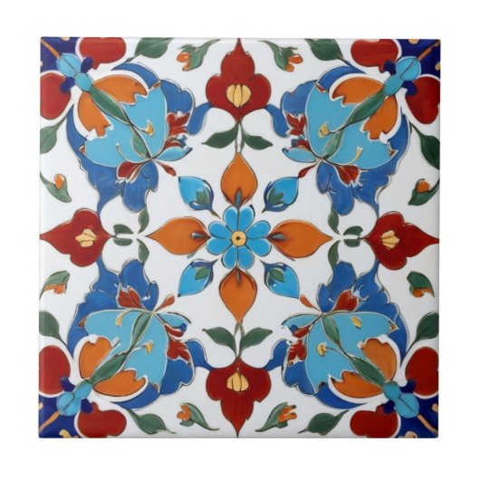Carreau Fleur turque Iznik Rouge Orange Bleu Blanc Floral (Devant)