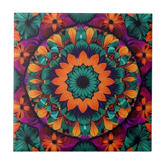 Carreau Fleur turquoise avec centre noir (Devant)