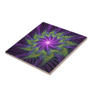 Carreau Fleur verte violette Art abstrait fractal moderne