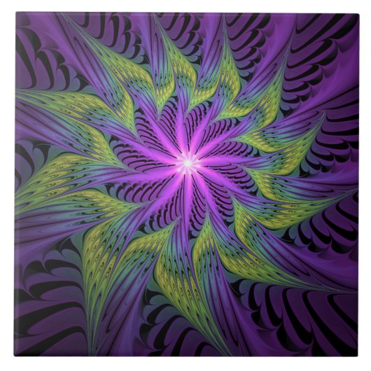 Carreau Fleur verte violette Art fractal abstrait moderne (Devant)