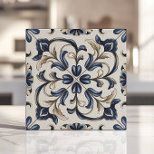 Carreau Fleuron de défilement vintage bleu et beige